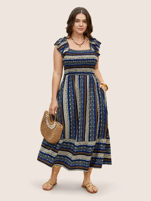 Bandana Striped Shirred Ruffle Trim Dress