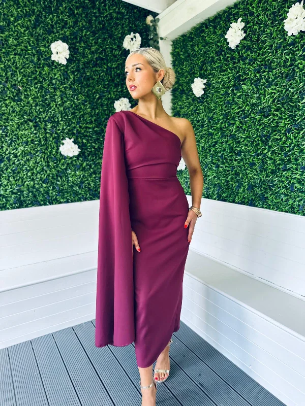 Cameron Cape Detail Occasion Dress Burgundy