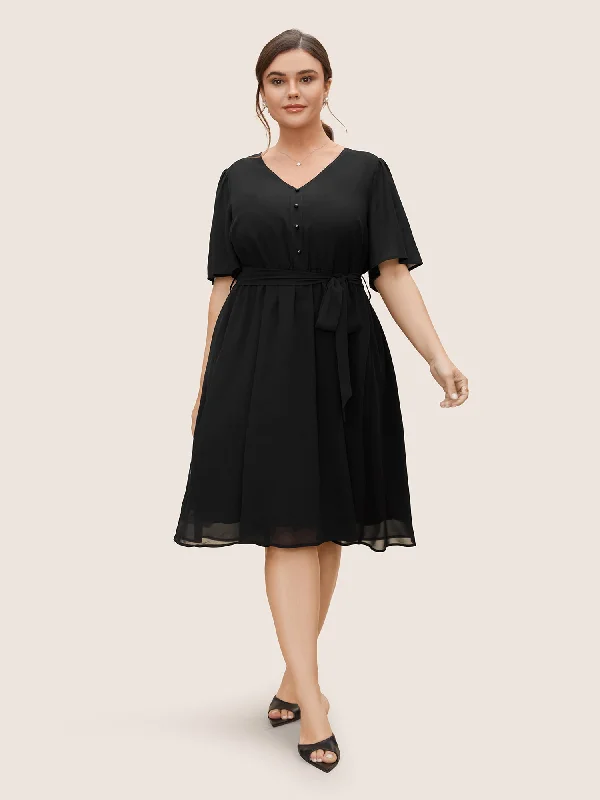 Chiffon Button Detail Flutter Sleeve Dress