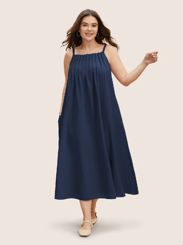 Cotton Plain Pleated Loose Fit Cami Dress