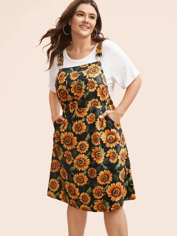 Floral Adjustable Straps Patched Pocket Overall Dress