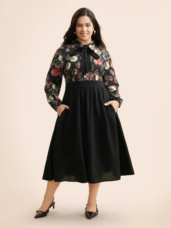 Floral Patchwork Shirred Tie Knot Dress