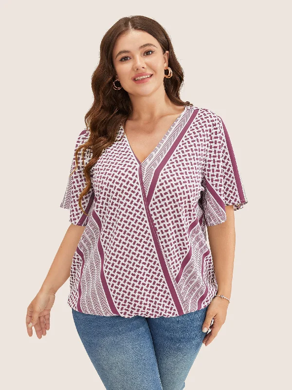 Geometric Contrast Ruffle Sleeve Wrap Blouse