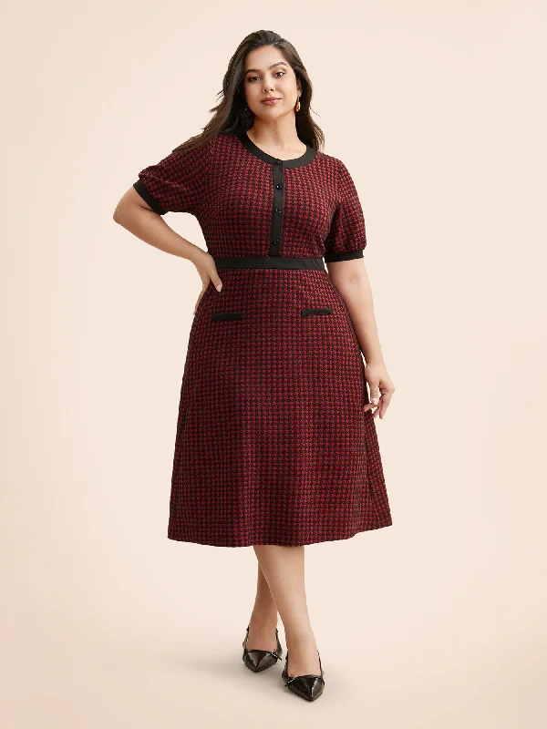 Houndstooth Button Up Flap Detail Dress