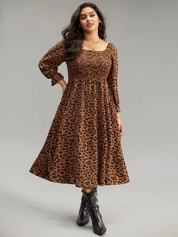 Leopard Print Shirred Square Neck Pocket Dress