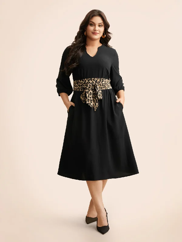 Notched Collar Leopard Print Patchwork Dress