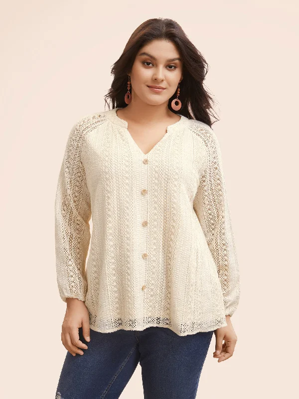 Notched Crochet Lace Raglan Sleeve Blouse