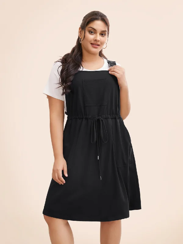 Plain Pocket Drawstring Overall Dress