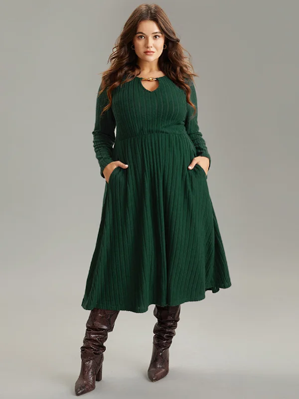 Rib Knit Plain Notched Pocket Dress