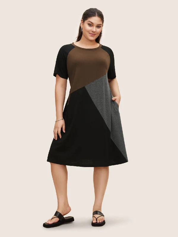 Round Neck Colorblock Contrast Raglan Sleeve Dress