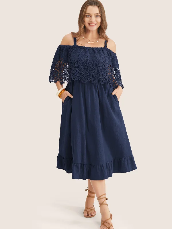 Solid Cold Shoulder Contrast Lace Pocket Ruffle Hem Dress