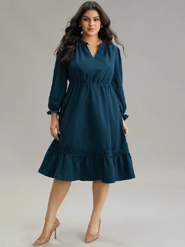 Solid Frill Trim Guipure Lace Flutter Sleeve Dress