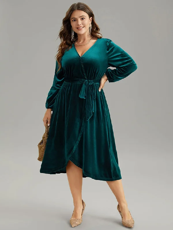 Solid Velvet Belted Wrap Arc Hem Dress