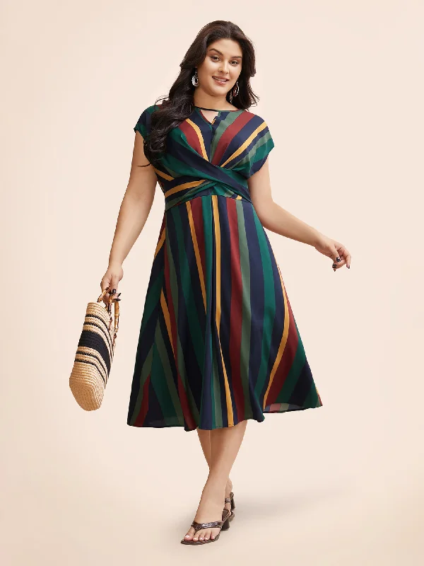 Striped Crossover Shirred Cap Sleeve Dress