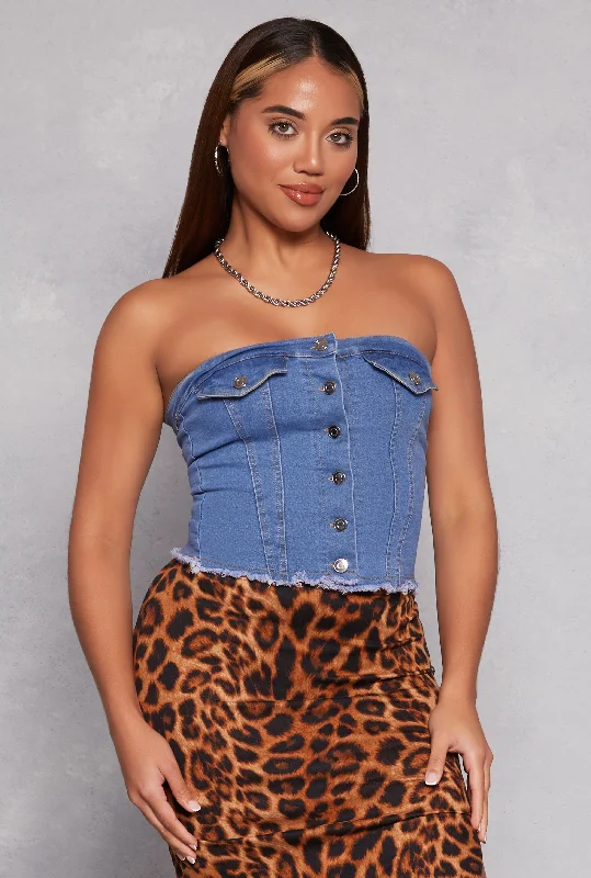 Denim Button Front Frayed Hem Tube Top