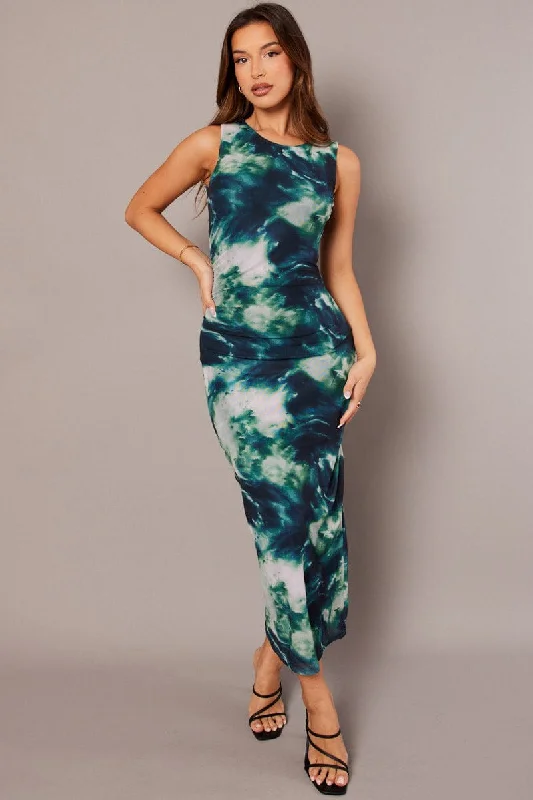 Green Abstract Bodycon Dress Sleeveless