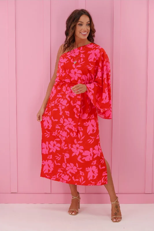 Jane James Saffron On Shoulder Dress Pink Red Floral