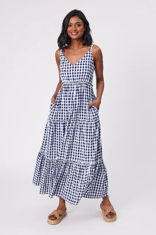 Shine On Label Eden Gingham Tiered Maxi Dress Midnight White