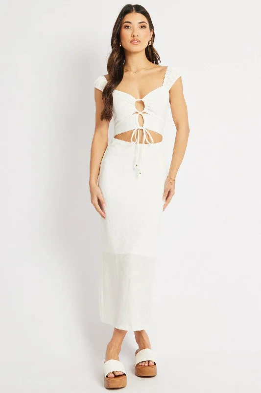 White Bodycon Dress Textured Midi