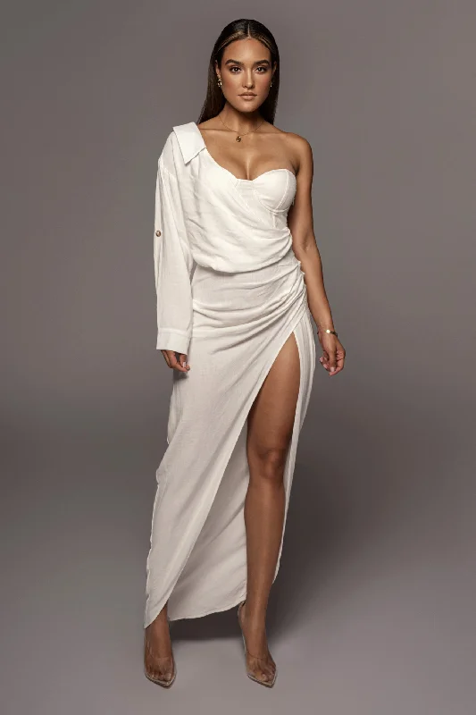 White Evita Linen Draped Dress